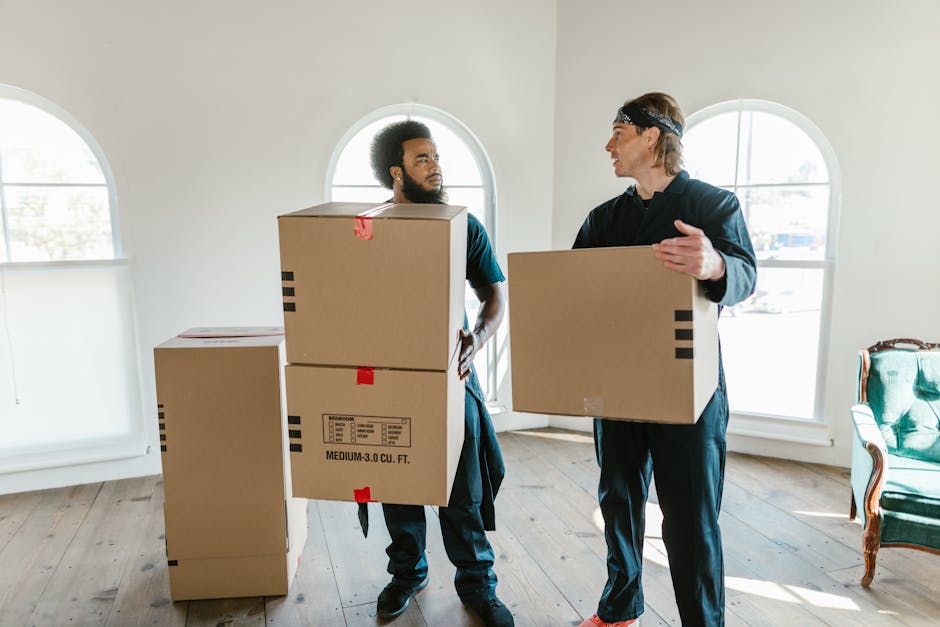 Two movers from Movers Belsize Park are inside a well-lit room with white walls and hardwood flooring, preparing for a home relocation. The worker on the left, with curly black hair and a beard, is carrying two stacked medium-sized cardboard boxes, with red packing tape securing them and black printed labels indicating their size. The worker on the right, wearing a headband, is holding a single cardboard box, engaging in a conversation about the packing and moving process. Behind them, three additional cardboard boxes are positioned on the floor near a doorway, ready to be loaded into a moving van. The room features two large, arched windows allowing natural light to illuminate the space, and a vintage green upholstered armchair is visible to the right, alongside the doorway. The scene captures the loading process of furniture transport typical of house removals, with packing materials and equipment such as trolleys or straps not visible, emphasizing the careful handling of boxes by professional movers during a house move, as detailed on the Belsize Village removals tips page.